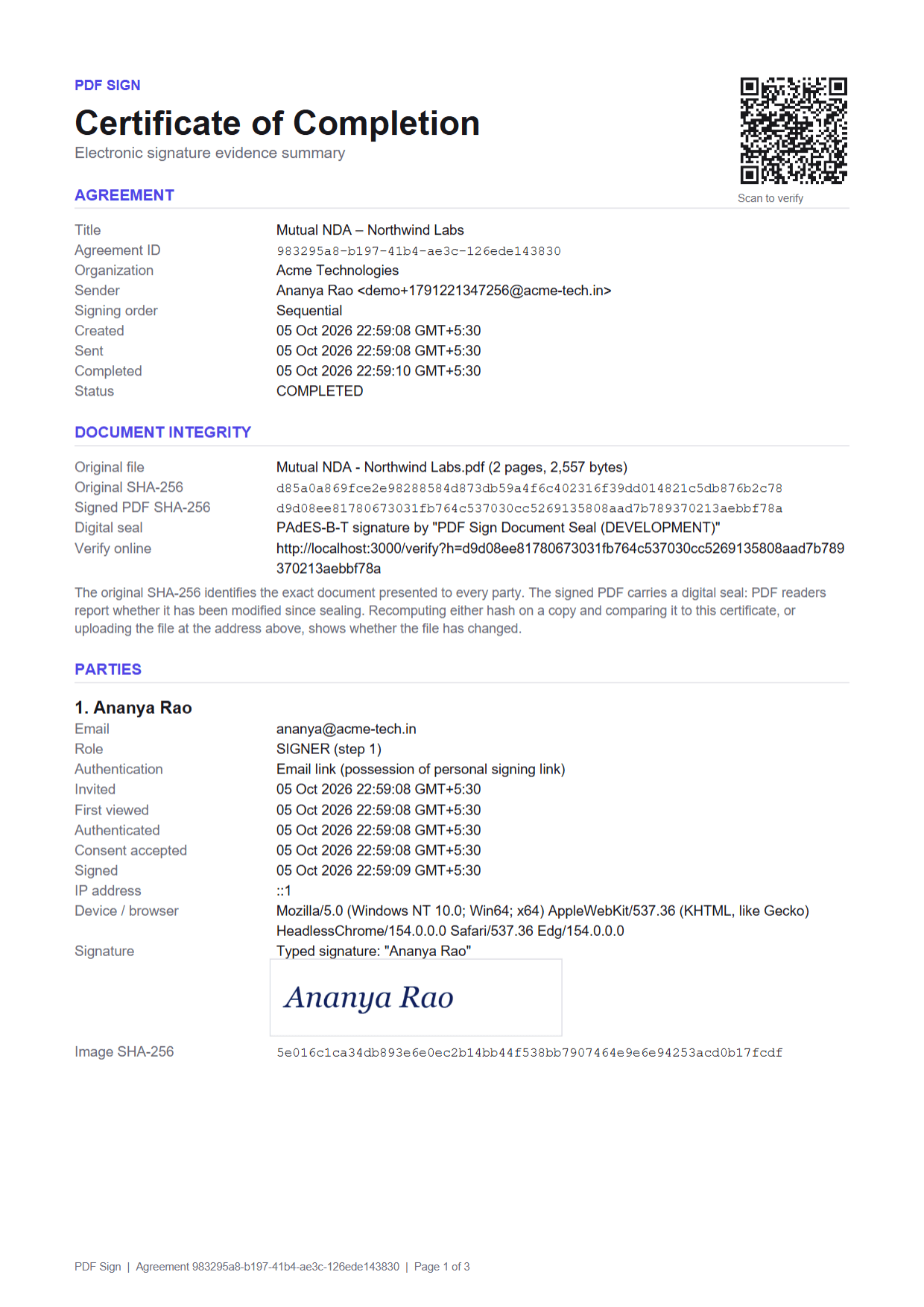 Certificate of completion showing parties, verification methods, document hashes and a QR code