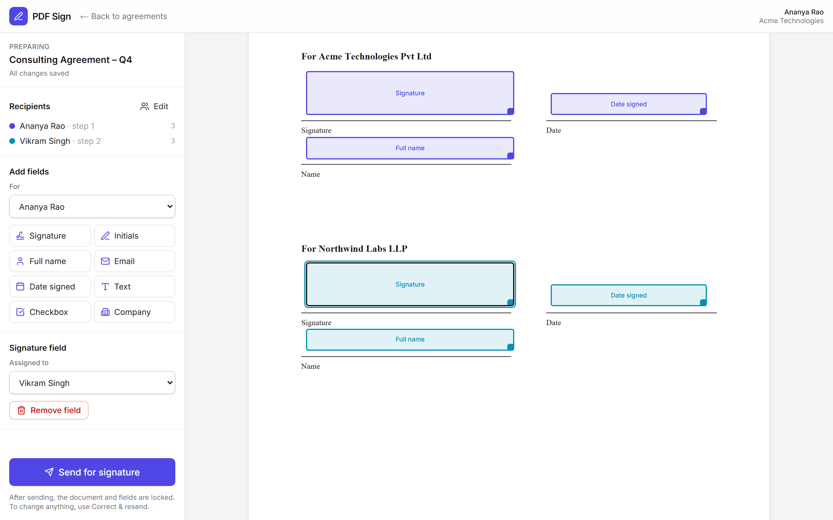 PDF Sign preparation studio: placing signature fields for two recipients